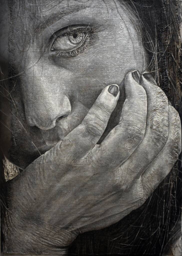 Immagine: "Dove sei?", olio su juta riciclata di Raniero Menin