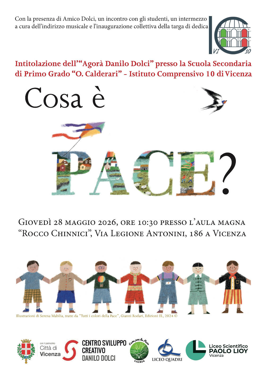 Locandina dell'evento "Cosa è Pace?" con illustrazioni di Serena Mabilia