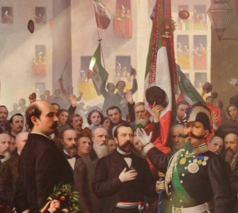 Immagine: Vittorio Emanuele II nell’atto di decorare con la medaglia d’oro la bandiera di Vicenza del 10 giugno 1848
